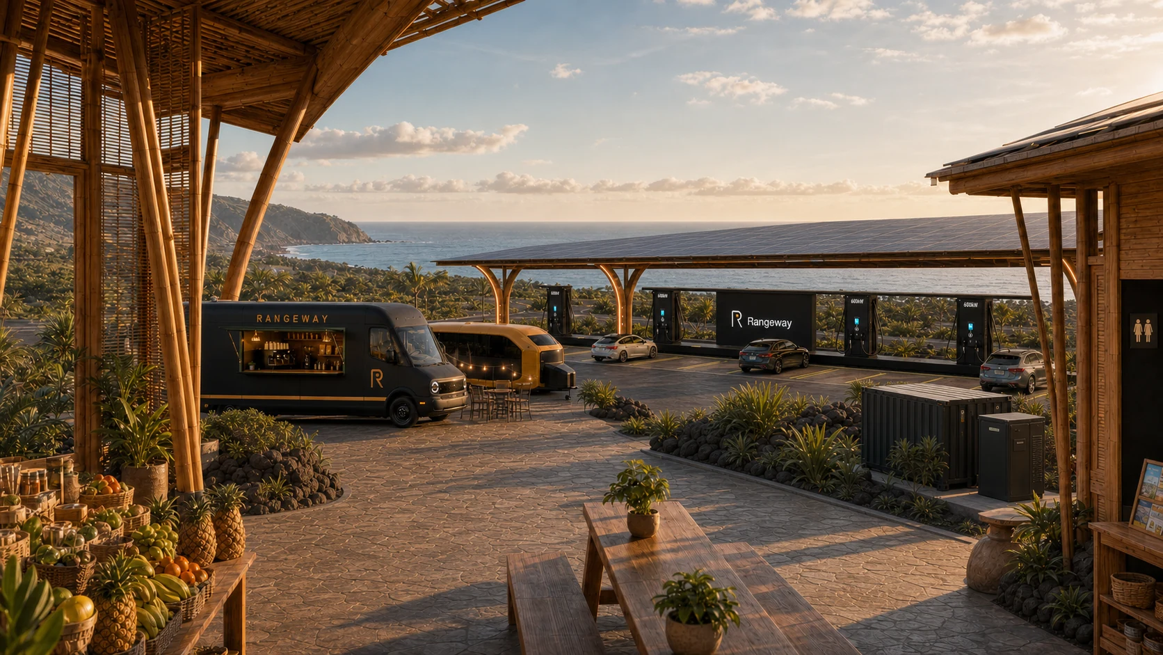 Concept visualization looking from a locally inspired hospitality pavilion toward solar-covered charging bays and the ocean
