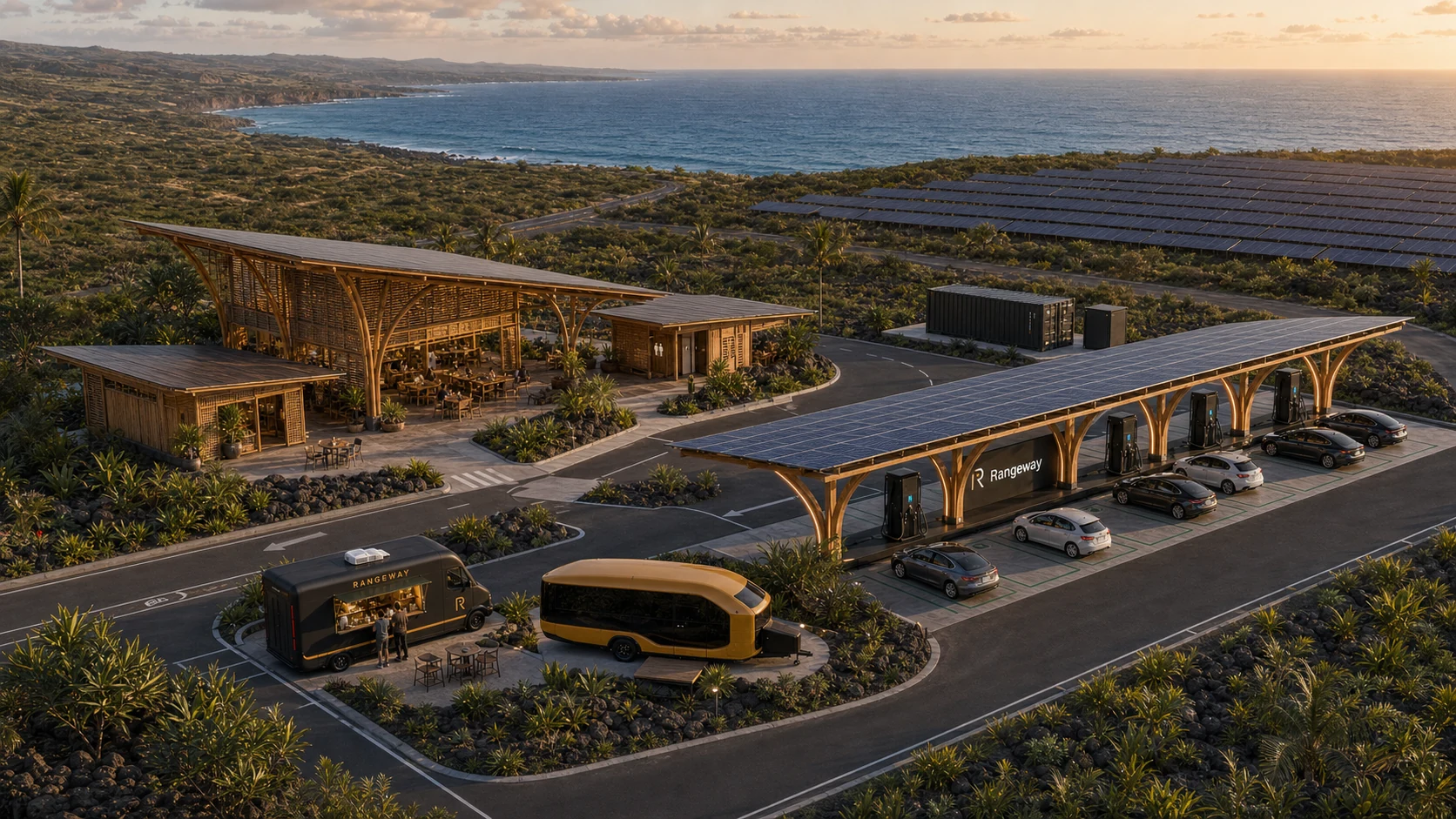 Aerial Phase Two concept visualization of a future Rangeway charging and hospitality destination with solar canopies and island-inspired structures