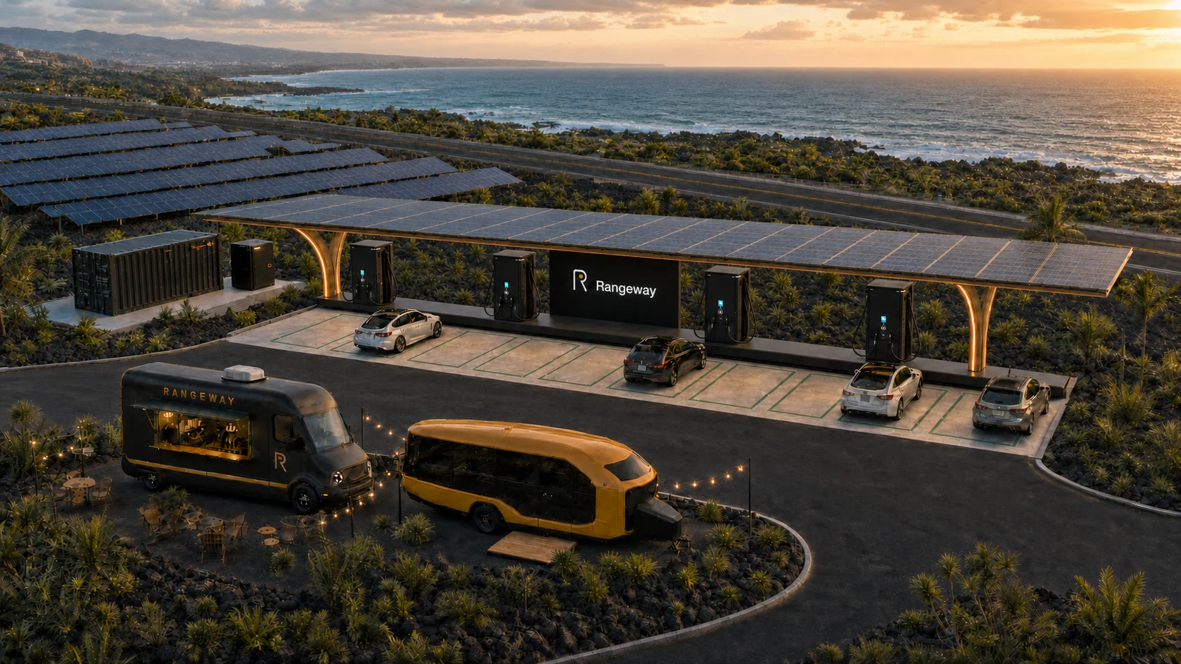 Phase One concept visualization of a smaller coastal Rangeway charging stop with solar canopies, a food truck, and a mobile lounge